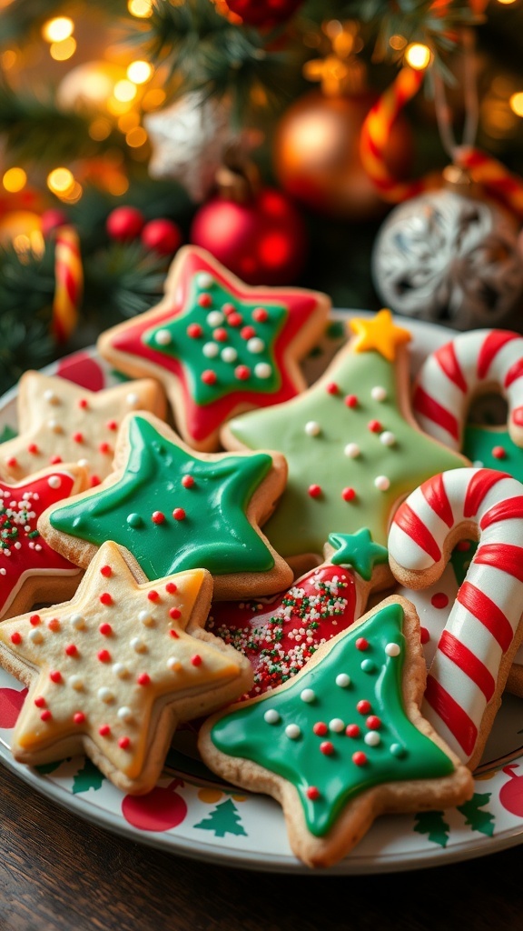 A plate of decorated Christmas cookies in various shapes, surrounded by holiday decorations.